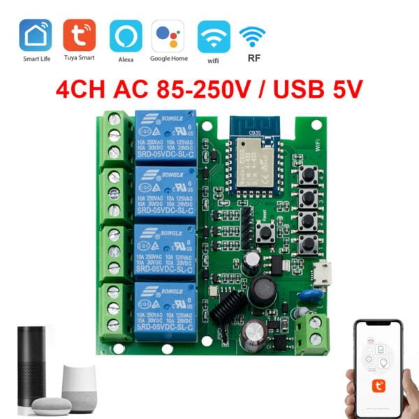 Przekaźnik TUYA 4CH DC 5-32V 4 kanały Wifi+RF beznapięciowy