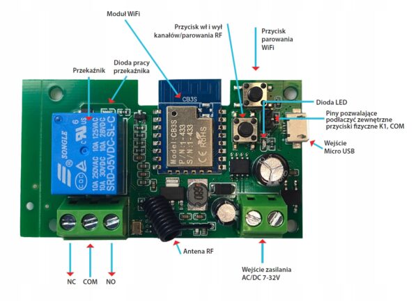 Sterownik Beznapięciowy TUYA DC 5-32V WiFi+RF433 SWT045R - obrazek 2